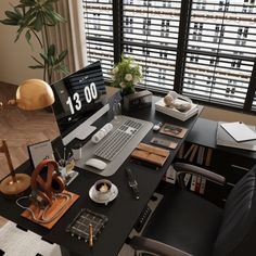 an office desk with a computer, keyboard and mouse