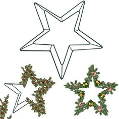 three star shaped christmas decorations with holly wreaths