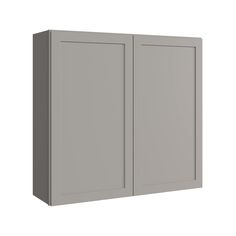 a gray cabinet with two doors on the front and one door open to reveal something