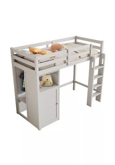 a white loft bed with a desk underneath it and shelves on the bottom shelf for storage