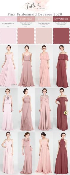 the pink bridesmaid dress collection is shown in multiple different colors and sizes, including one