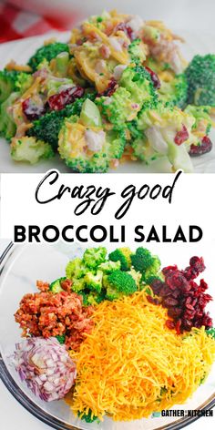 broccoli salad with cranberry sauce and shredded cheese on the side in a glass bowl