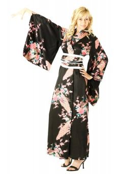 Sexy Black Kimono  Sexy Black Kimono with erotic pink toned flower design. Matching kimono sash obi belt included. Silk Robes, Black Kimono, Obi Belt, Long Kimono