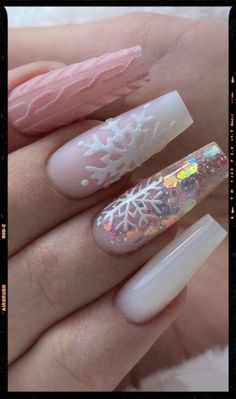 Acrylic Nails Coffin Pink, Winter Nail Designs, New Year's Nails, Christmas Nail Designs