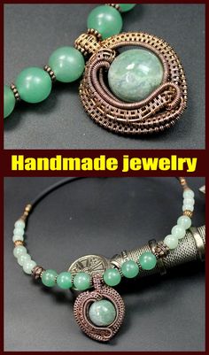 two different pictures of green beads and necklaces with the words handmade jewelry on them