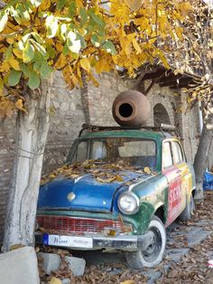 an old car parked in front of a tree with leaves on the ground next to it