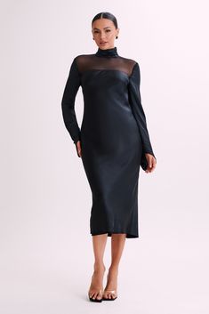 High Neck Formal Dress, High Neck Dress Formal, Velvet Trend, High Turtleneck, Black Strap Heels, Satin Midi Dress, Long Sleeve Midi, Long Sleeve Midi Dress, Western Outfits