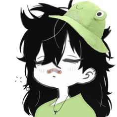 a drawing of a girl with black hair and a green hat on her head, looking to the side