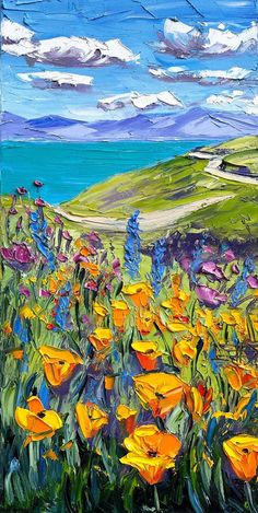 an oil painting of yellow flowers in a field by the ocean with blue sky and clouds