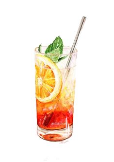 a watercolor drawing of a drink with orange and mint garnish on the rim