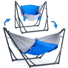 two hammocks with blue and white covers on them, one is hanging upside down