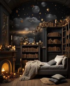 a bedroom decorated in black and gold with stars on the ceiling, bookshelves and fireplace