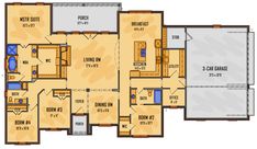 the floor plan for an apartment with three bedroom and two bathroom areas, including one living room