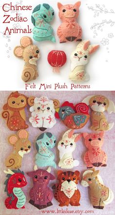 several different kinds of stuffed animals are shown in this brochure with the caption, chinese zodiac animals felt mini plush patterns