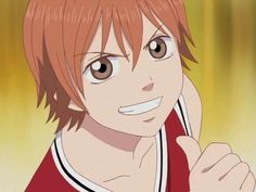 an anime character with red hair and brown eyes talking on a cell phone while smiling at the camera