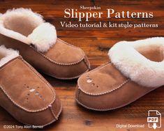 Warm feet! Three different types of DIY style leathercraft patterns for sheepskin slippers. From kid size all the way up to XXXL. Easy to use craft style patterns with every stitching hole and measurement figured out for you. Just tape the pattern to your sheepskin, punch the pre marked stitching holes, cut on the lines, and sew while following along with the video. Make sure to measure the foot according to the instructions on the pattern. If you just go by what the internet says the measuremen Leather Artist, Leather Craft Patterns, Leather Sewing, Shearling Slippers, Boots Patterns, Sheepskin Slippers, Slippers Pattern, Designer Slippers, Bead Embroidery Jewelry