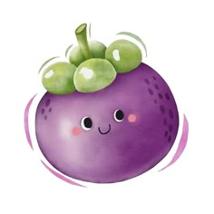 an illustration of a purple fruit with green leaves on it's top and eyes