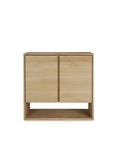 the sideboard is made out of wood and has two doors on each side, one door open