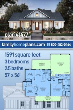 the floor plan for this house is shown in blue and white, with three bathrooms on each