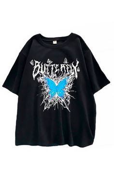 Harajuku Black Women T-Shirt Blue Butterfly Print Blue Butterfly Print T-shirt For Summer, Blue Butterfly Print T-shirt For Spring, Blue Graffiti Print T-shirt For Summer, Casual Butterfly Print T-shirt For Streetwear, Harajuku Style Blue Tops For Streetwear, Blue Harajuku Top For Streetwear, Graphic Tee With Butterfly Print For Streetwear, Blue Harajuku Summer Tops, Blue Harajuku Style Summer Top