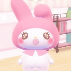 an animated image of a pink bunny standing in front of a baby crib and bookshelf