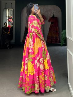 Introducing our mesmerizing pink floral printed silk festival wear gown, a stunning addition to your wardrobe for any special occasion. This fully stitched gown is made from luxurious silk fabric with intricate floral print work, making it a standout piece for festivals, events, or any function. The pink color adds a touch of femininity and elegance, while the 5-meter flair and 55-inch length create a graceful silhouette that is sure to turn heads.
When you wear this pink gown, you'll feel like Silk Saree With Digital Print, Navratri Silk Dress With Digital Print, Silk Anarkali Kurta With Floral Print, Silk Floor-length Dress With Printed Motifs, Traditional Silk Dress With Digital Print, Silk Maxi Kurta With Floral Print, Floor-length Silk Dress With Printed Motifs, Bollywood Saree Dress With Digital Print, Silk Kurta With Floral Print In Maxi Length