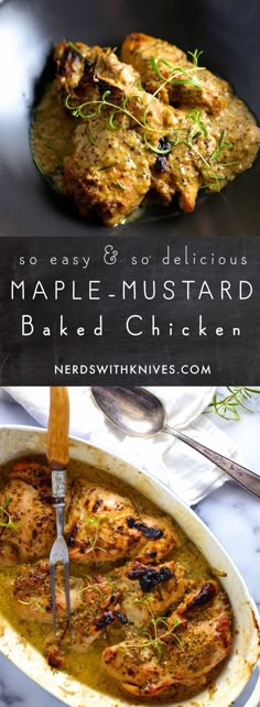 the recipe for maple mustard baked chicken in a skillet