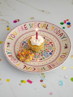 a cupcake on a plate with a candle that says you are special today