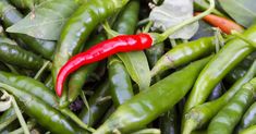 a pile of green and red peppers