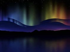 an aurora bore is seen in the night sky over mountains and water with stars above