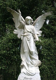 an angel statue in front of some trees