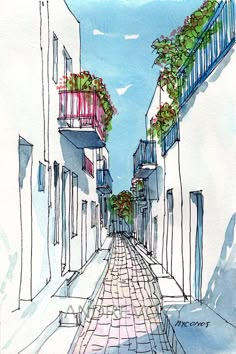 watercolor painting of an alleyway with balconies and flowers on the balconies