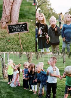 several photos of children playing outside in the grass and one has a sign that says donuts string