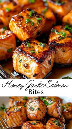 honey garlic salmon bites on a plate with a fork