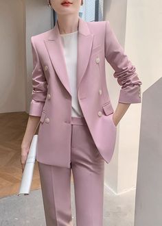 Elevate your style with the Maxine Pink Double Breasted Blazer Pants Suit Two-Piece Set. This sophisticated and exclusive set features a beautiful pink color and a double-breasted blazer that exudes luxury. The nine-pointed pants add a touch of elegance, making this a must-have for any fashion-forward woman. Blazer: Double Breasted closure Notched lapels Long sleeves Front flap pockets Pants Zip fly with button closure Side slant pockets Cropped length - Polyester, spandex- Item #432701- Women's blazer & pants suit two-piece set SIZE INFO XS=US2=UK6=EU32 S=US4-6=UK8-10=EU34-36 M=US8-10=UK12-14=EU38-40 ★★Please advise your Height and Weight, I will make sure you choose the right size. Pink Suits With Button Closure For Work, Tailored Pink Blazer With Buttons, Spring Formal Pantsuit With Buttons, Spring Formal Pantsuit, Tailored Pink Blazer With Button Closure, Pink Blazer With Suit Collar And Buttons, Pink Blazer With Button Closure And Suit Collar, Double Breasted Suit With Pockets For Spring Office Wear, Spring Double-breasted Office Pantsuit