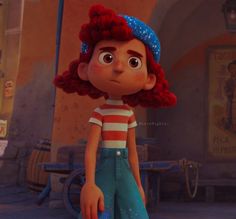 an animated character with red hair and blue pants stands in front of a building, looking at the camera