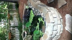 an outdoor pond surrounded by rocks and water lilies