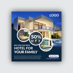 a flyer for a hotel with an image of a house in the background