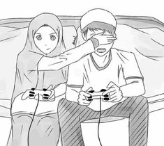 two people sitting on a couch playing video games with remote controllers in their hands and one person holding a game controller up to his ear