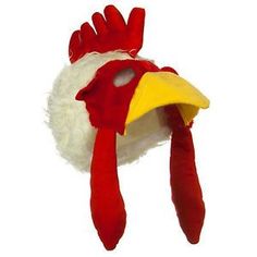 a red and white rooster hat with a yellow beak