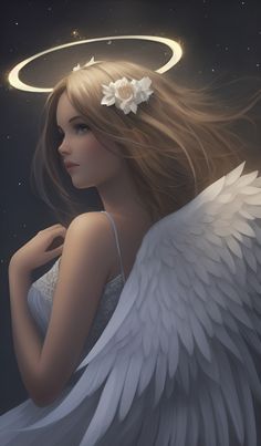 an angel with white wings and a halo on her head is standing in front of the night sky