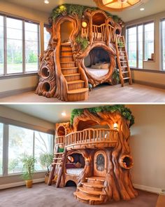 two pictures of a tree house made out of wood