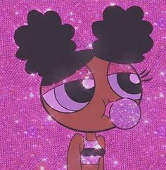 an image of a cartoon character with big eyes and black hair on pink glitter background