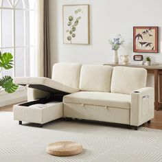 a living room scene with focus on the couch and storage compartment under the arm rest