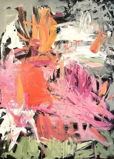 an abstract painting with pink, orange and white flowers in it's centerpiece