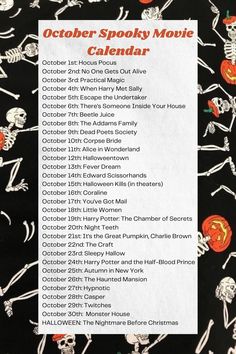 the october spooky movie calendar has skeletons and jack - o'- lanterns on it