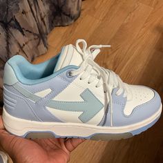 White & Blue Out Of Office Sneakers For 450$ Out Of Office Sneakers, Off White Out Of Office, Office Sneakers, Off White Shoes, Out Of Office, Baby Sneakers, Walker Boots, Shoes White, Fit N Flare Dress