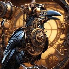 a black bird sitting on top of a metal clock face with gears attached to it's body