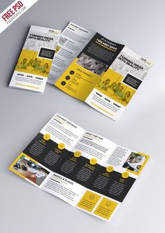 a yellow and black tri fold brochure with photos on the front, side and back