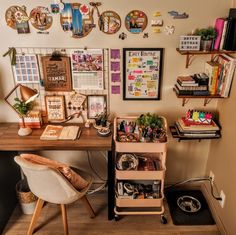 a home office with lots of clutter on the desk